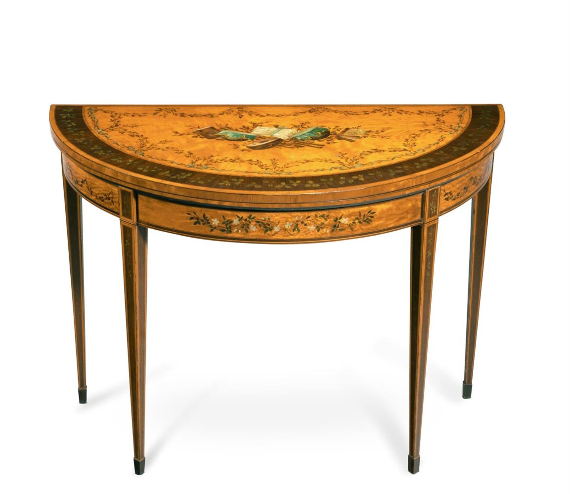 Y A GEORGE III SATINWOOD, PURPLE HEART AND POLYCHROME PAINTED DEMI-LUNE FOLDING CARD TABLE