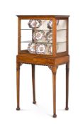 AN EDWARDIAN MAHOGANY AND MARQUETRY GLASS DISPLAY CABINET ON STAND , CIRCA 1905