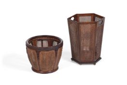 TWO MAHOGANY AND CANED WASTE PAPER BASKETS, 20TH CENTURY