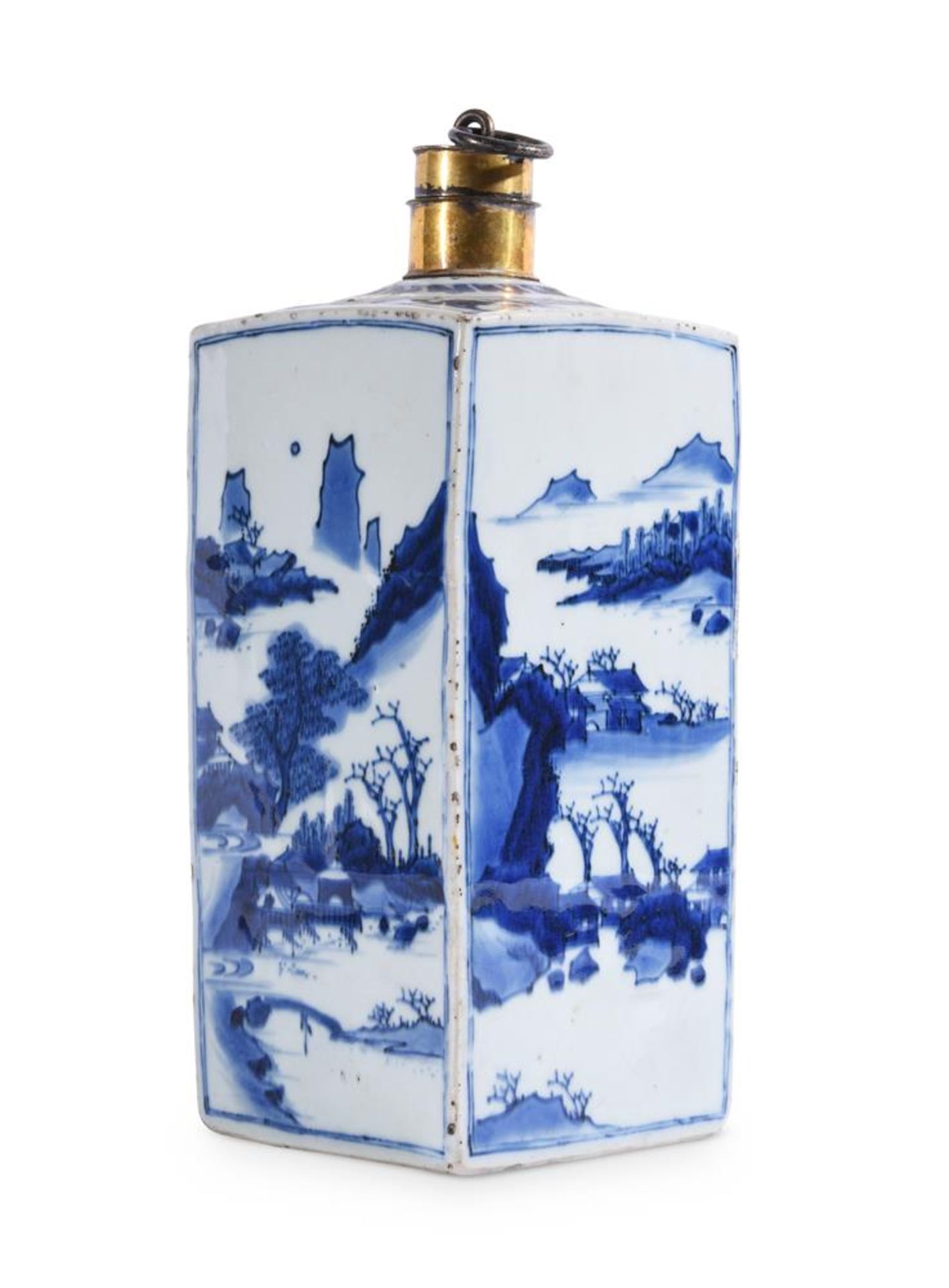 A CHINESE BLUE AND WHITE PORCELAIN SQUARE SECTION BOTTLE AND GILT METAL STOPPER WITH SCREW TOP