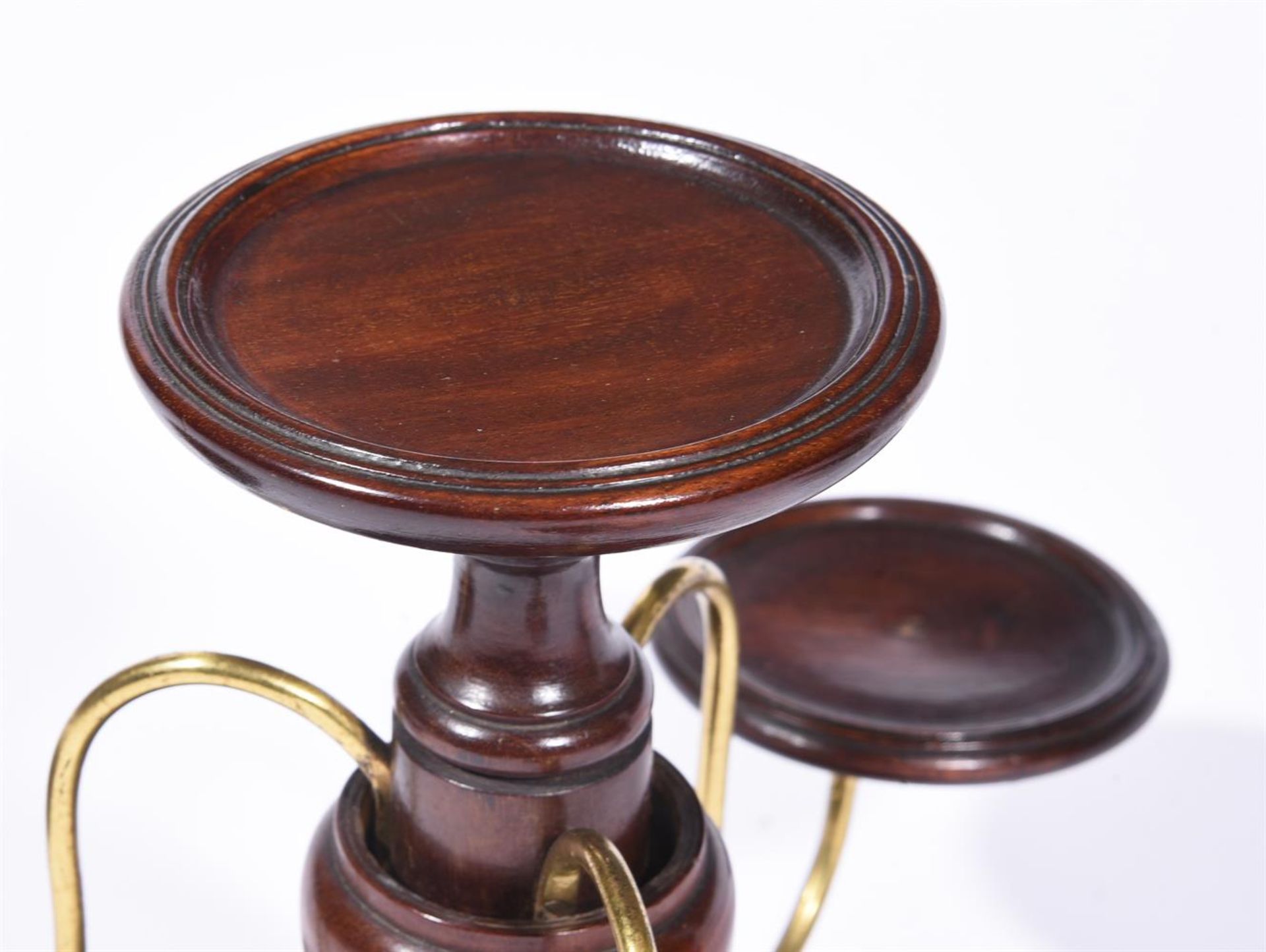 A PAIR OF MAHOGANY CENTRE PIECES WITH THREE BRASS ARMS ON A TURNED FOOT - Image 2 of 3