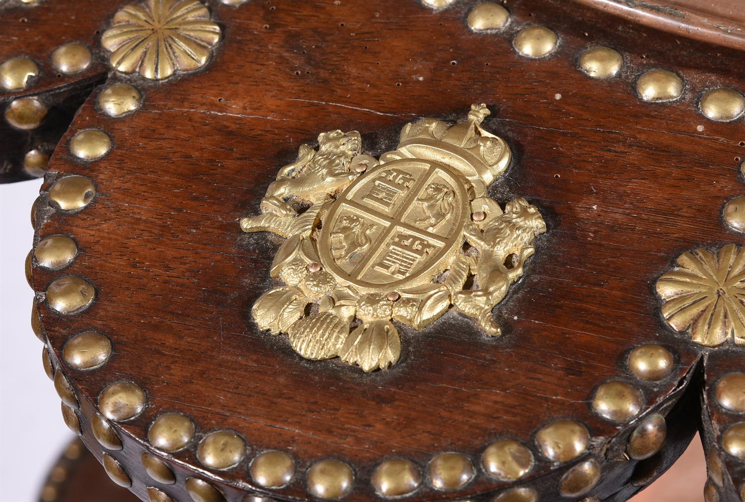 A WALNUT, BRASS MOUNTED AND STUDDED TWO TIER SCALLOPED STAND, INSET WITH TWO COPPER BOWLS - Image 2 of 4