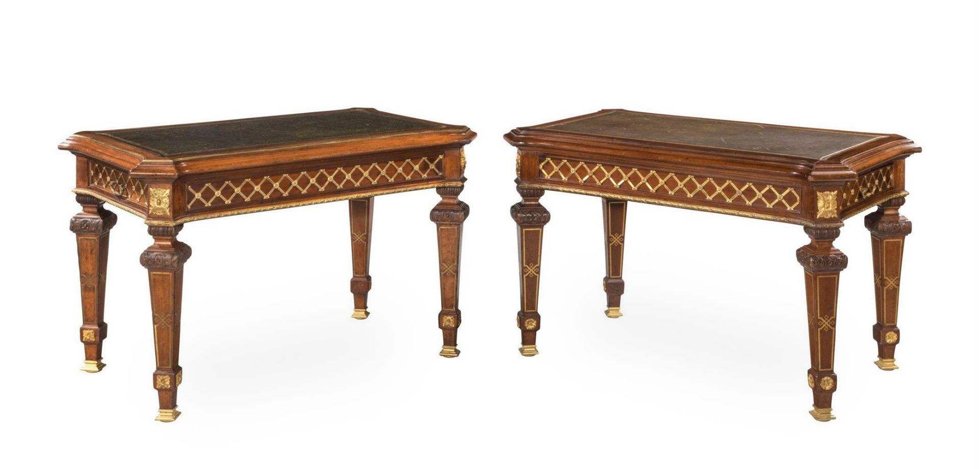 A PAIR OF MAHOGANY, BRASS INLAID AND GILT METAL MOUNTED LIBRARY TABLES, LATE 19TH/20TH CENTURY
