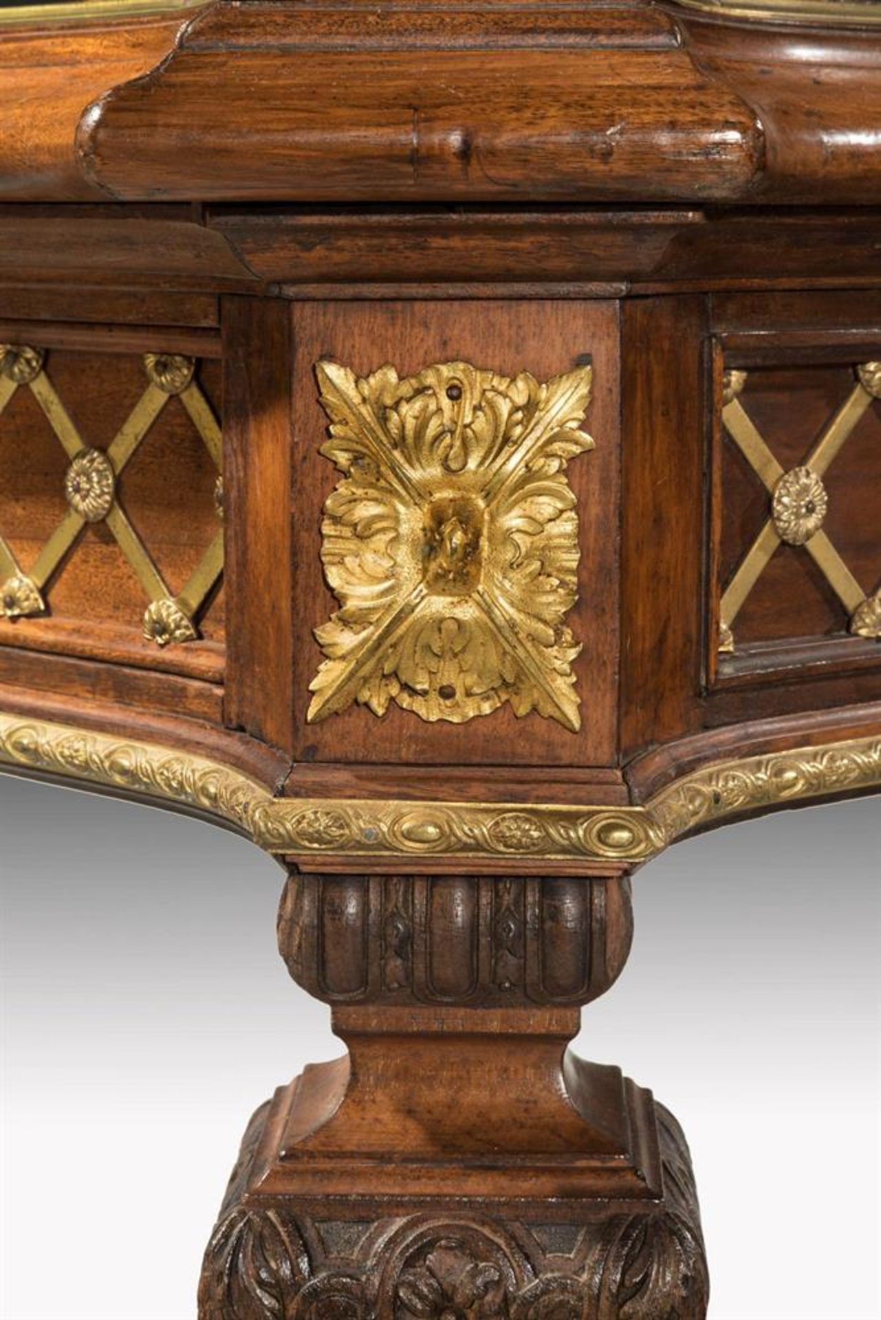 A PAIR OF MAHOGANY, BRASS INLAID AND GILT METAL MOUNTED LIBRARY TABLES, LATE 19TH/20TH CENTURY - Image 5 of 7