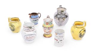 A SELECTION OF STAFFORDSHIRE PEARLWARE, LUSTRE AND COMMEMORATIVE JUGS AND A MUG