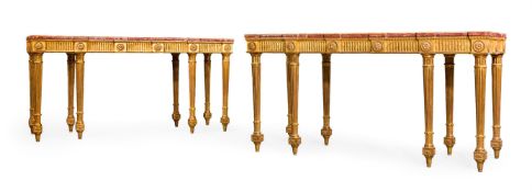 A PAIR OF GILTWOOD AND MARBLE CONSOLE TABLES IN GEORGE III STYLE