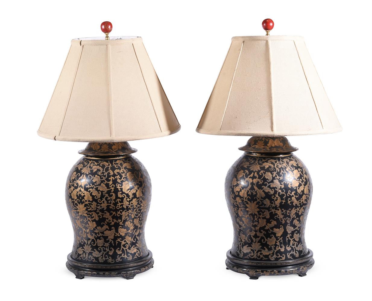 A PAIR OF BLACK JAPANNED BALUSTER SHAPE COMPOSITION LAMPS