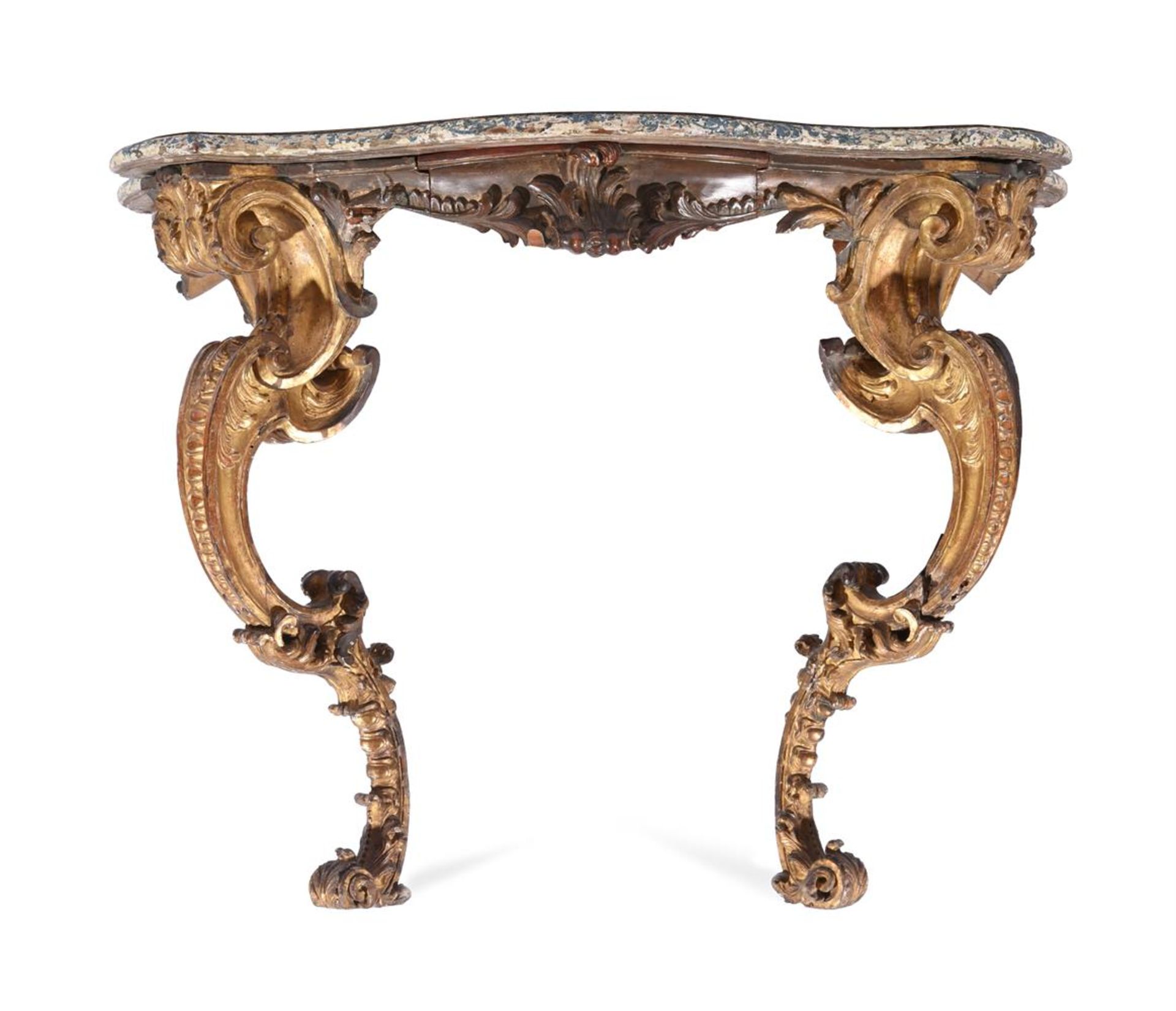 AN ITALIAN POLYCHROME PAINTED AND CARVED GILTWOOD CONSOLE TABLE, 18TH CENTURY