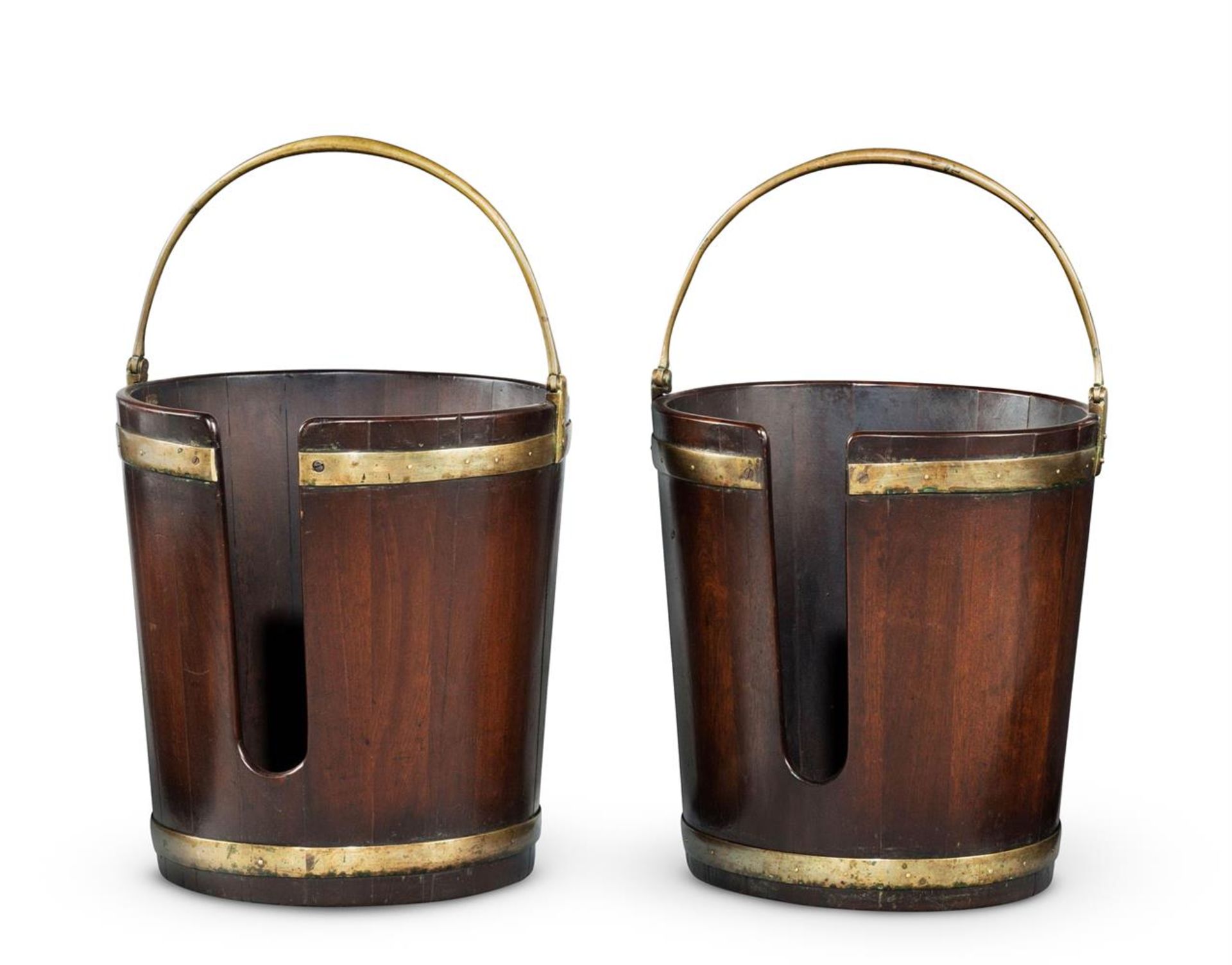 A PAIR OF GEORGE III MAHOGANY AND BRASS BOUND PLATE BUCKETS, CIRCA 1760