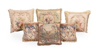 SIX LARGE CUSHIONS INCORPORATING 18TH CENTURY TAPESTRY