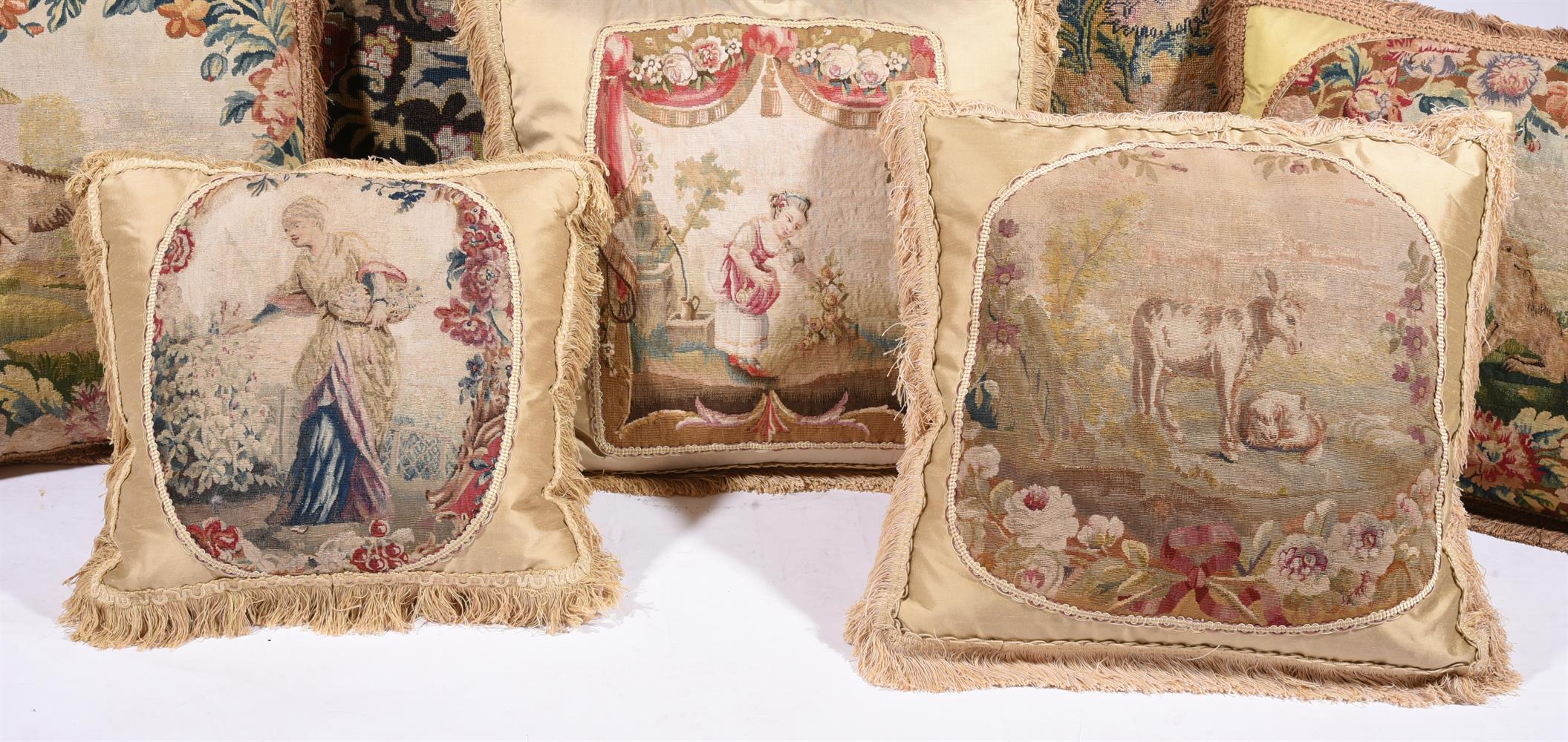 SEVEN LARGE CUSHIONS INCORPORATING 18TH CENTURY WOOLWORK AND LATER FABRIC - Image 2 of 4