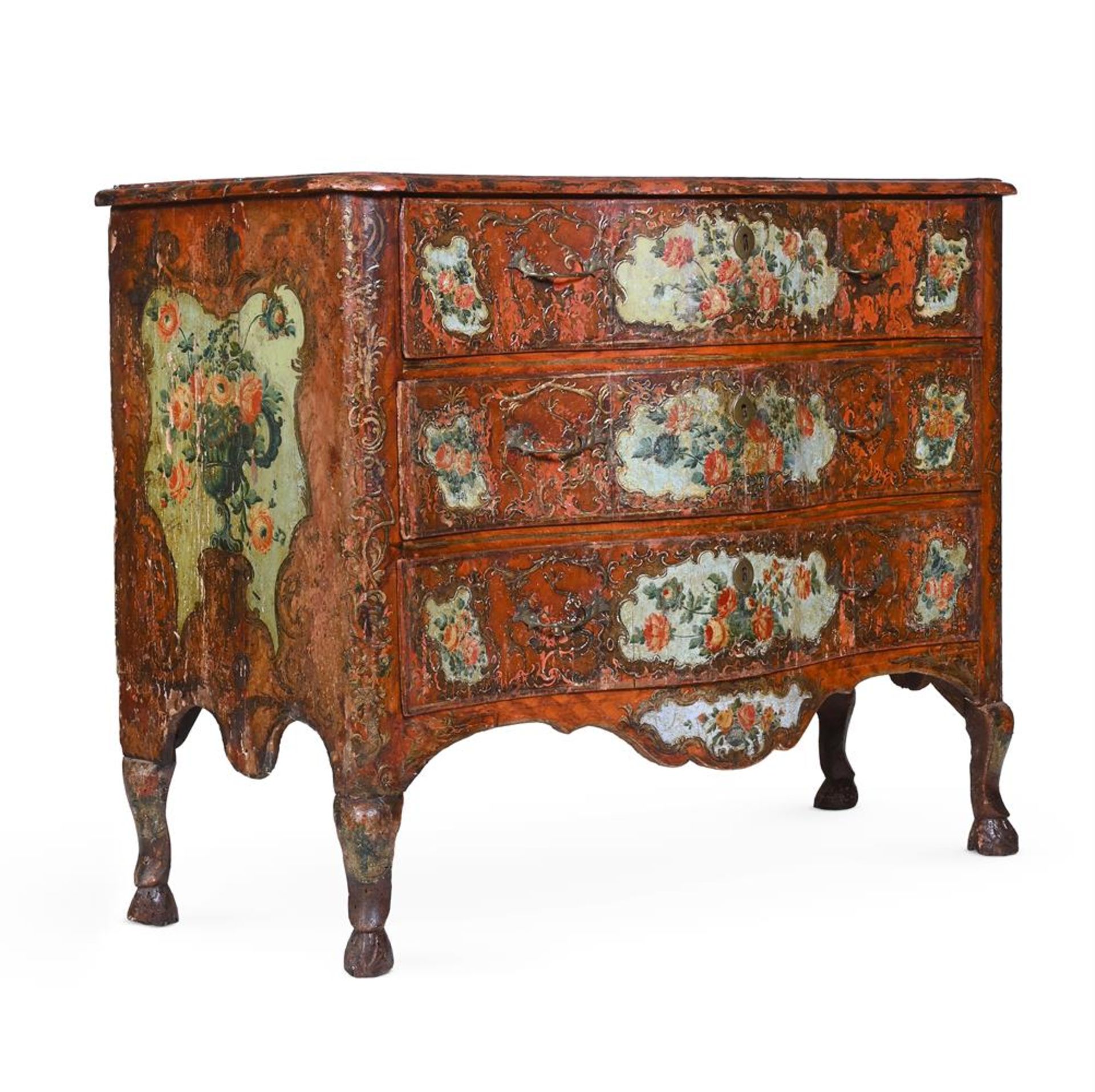 A NORTH ITALIAN POLYCHROME DECORATED SERPENTINE COMMODE MID 18TH CENTURY - Image 2 of 4