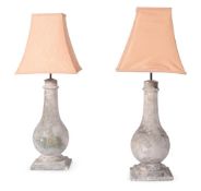 A PAIR OF STONE COMPOSITION BALUSTER TABLE LAMPS