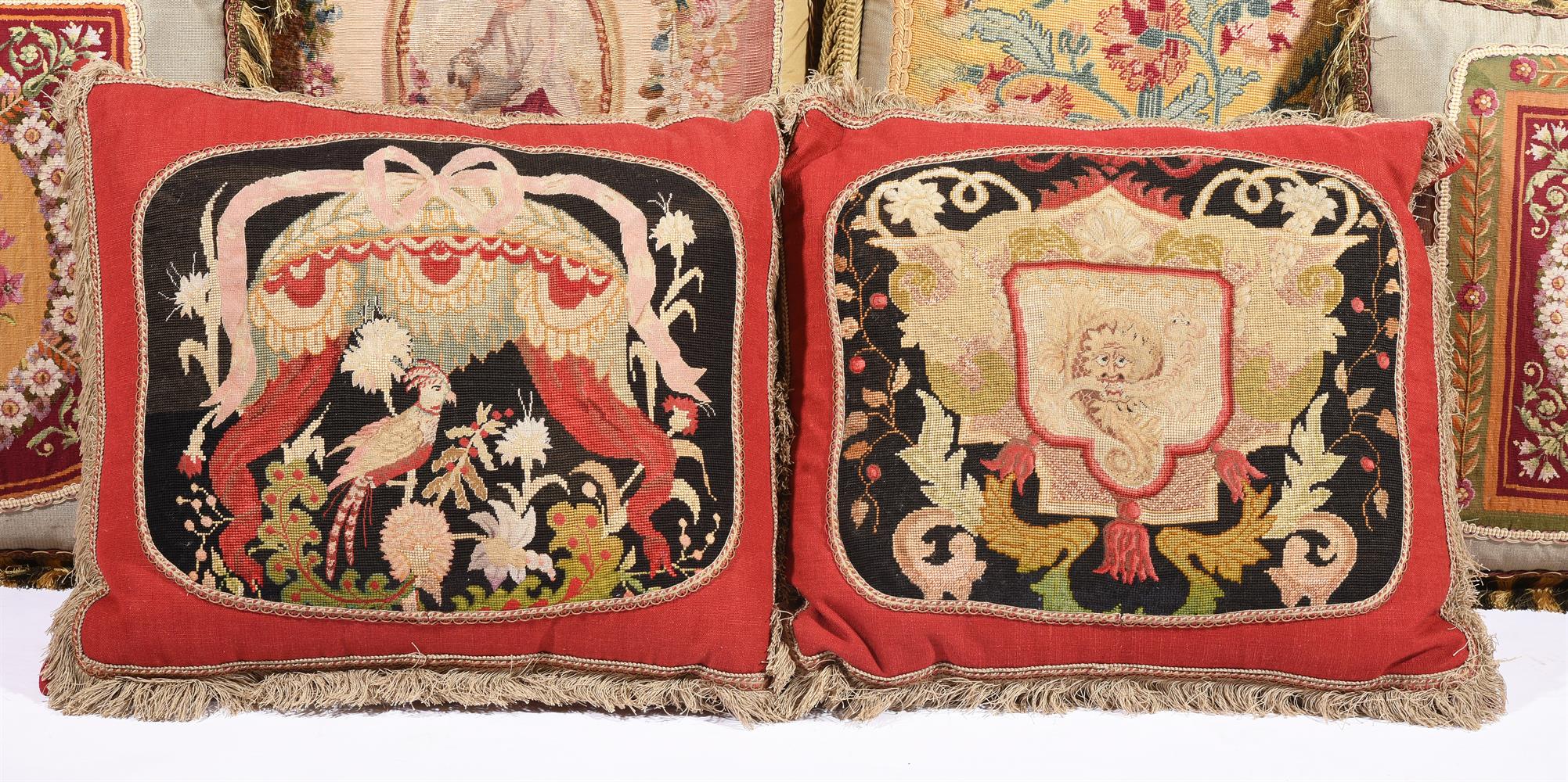 SIX LARGE CUSHIONS INCORPORATING 18TH CENTURY AND LATER WOOLWORK AND TAPESTRY AND LATER FABRIC - Image 2 of 4