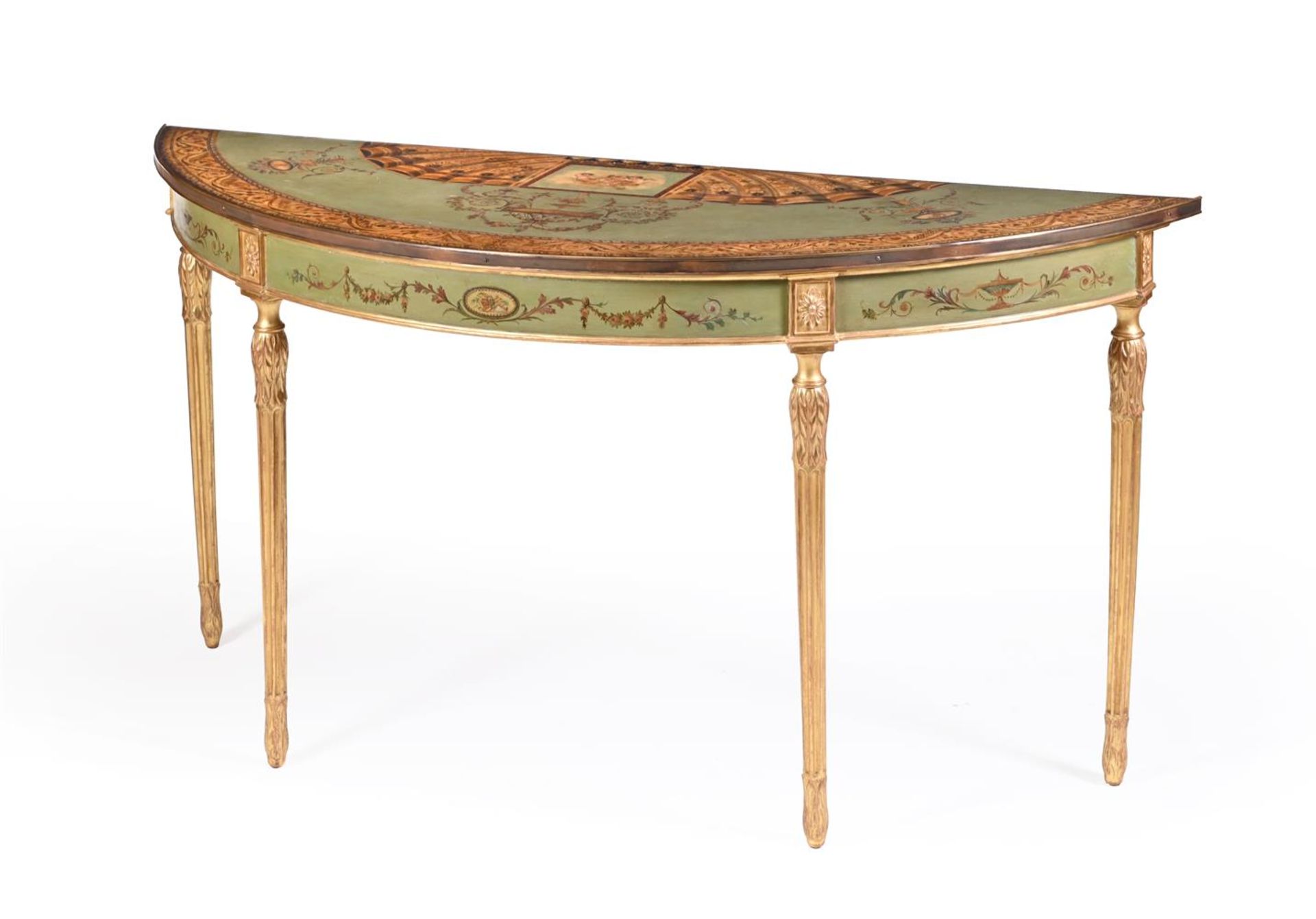 A PAIR OF PARCEL GILT AND POLYCHROME PAINTED SEMI-ELLIPTICAL SIDE TABLES IN GEORGE III STYLE - Bild 3 aus 6