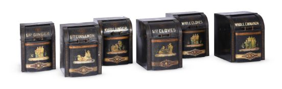 A SET OF SIX BLACK PAINTED AND GILT METAL DECORATED METAL KITCHEN CONTAINERS IN REGENCY STYLE