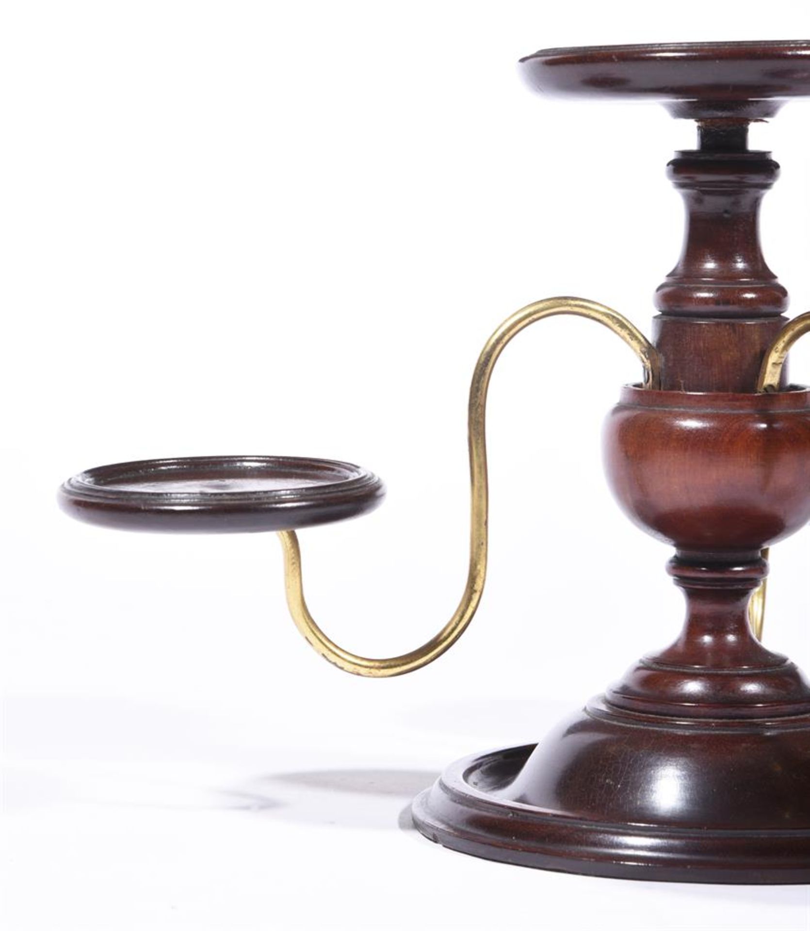 A PAIR OF MAHOGANY CENTRE PIECES WITH THREE BRASS ARMS ON A TURNED FOOT - Image 3 of 3