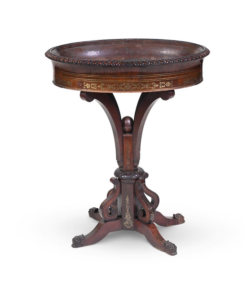 Y AN EARLY VICTORIAN BRASS-INLAID ROSEWOOD PEDESTAL JARDINIERE STAND, MID 19TH CENTURY