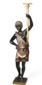AN EBONISED, GILTWOOD AND POLYCHROME PAINTED BLACKAMOOR FIGURAL TORCHERE