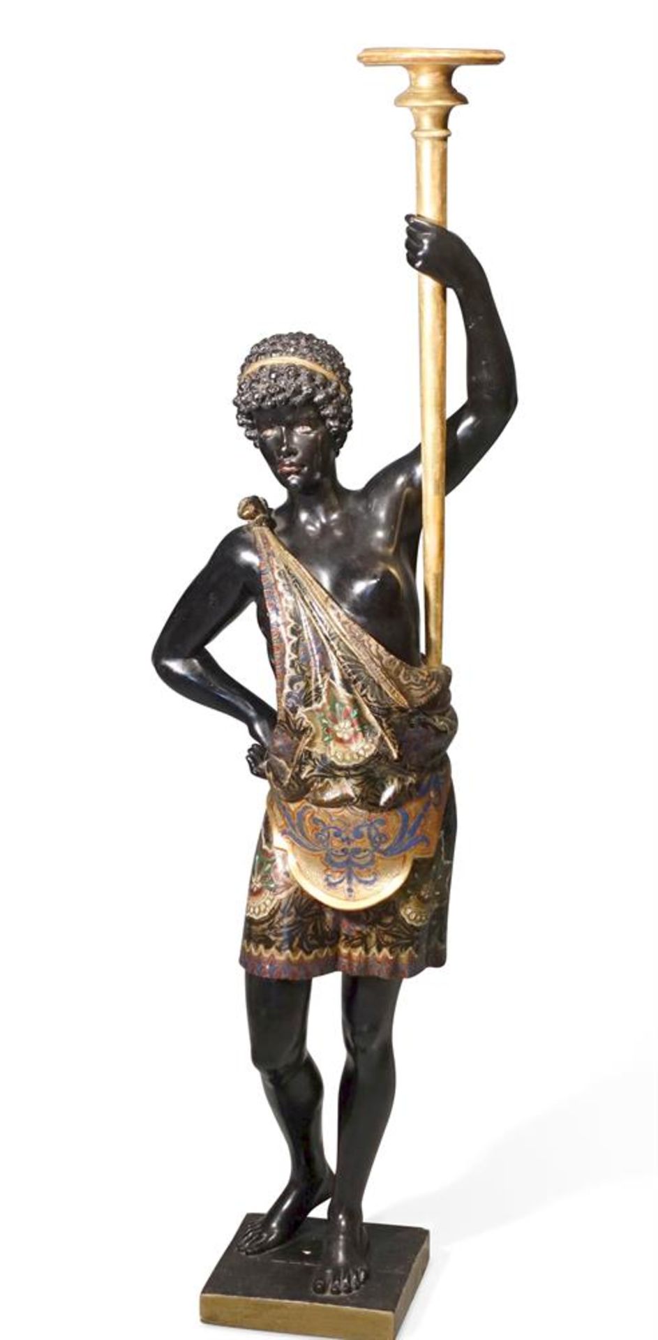 AN EBONISED, GILTWOOD AND POLYCHROME PAINTED BLACKAMOOR FIGURAL TORCHERE