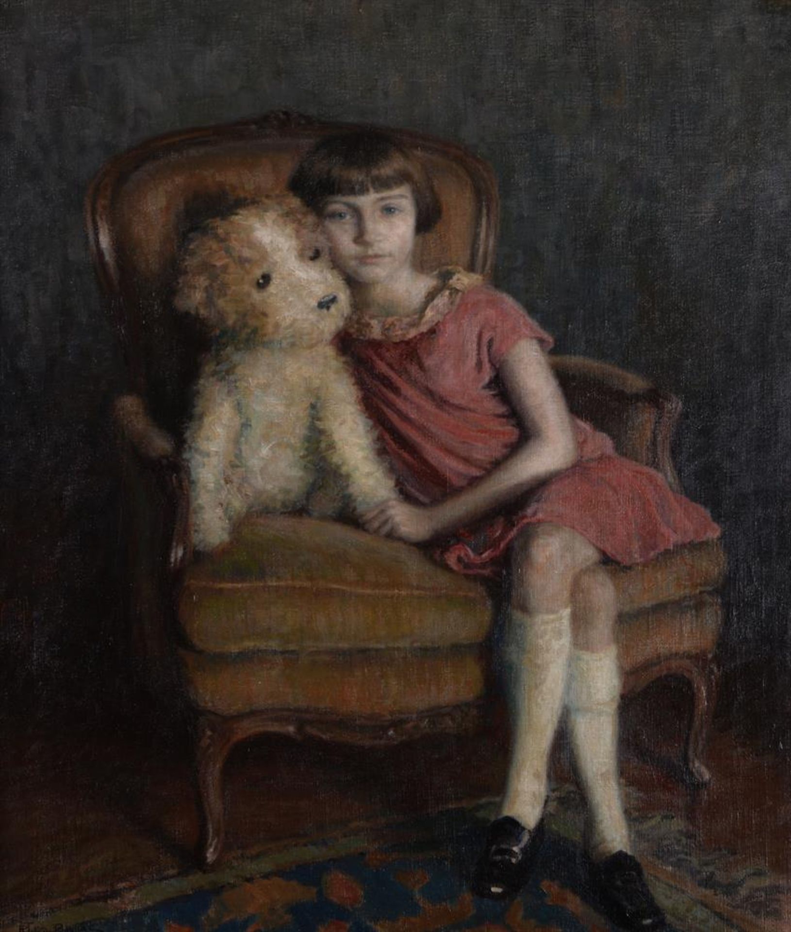 RENE MARIE JOLY DE BEYNAC (FRENCH 1876-1978), PORTRAIT OF A GIRL WITH A TOY DOG - Image 2 of 3