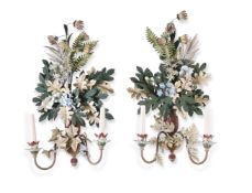 A PAIR OF NORTH EUROPEAN PAINTED TOLE TWO LIGHT WALL LIGHTS, 19TH OR 20TH CENTURY