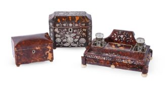 Y A TORTOISESHELL, MOTHER OF PEARL AND IVORY INKSTAND, MID 19TH CENTURY