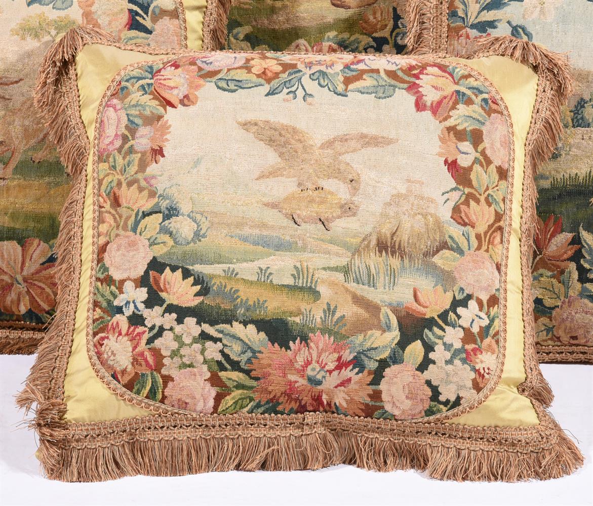 SIX LARGE CUSHIONSINCORPORATING 18TH CENTURY TAPESTRY WITH ANIMALS FROM FABLES AND LATER FABRIC - Image 2 of 4
