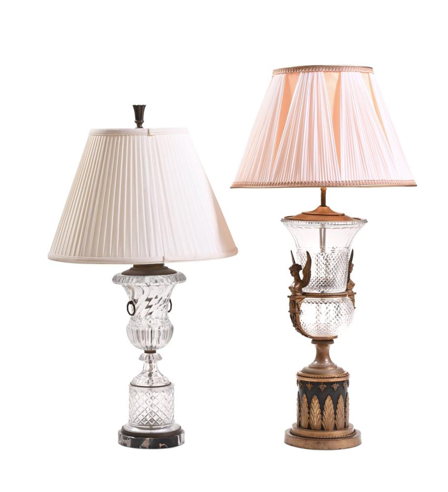 TWO FRENCH STYLE AND GILT METAL MOUNTED PRESSED MOLDED GLASS URN SHAPED LAMP BASES