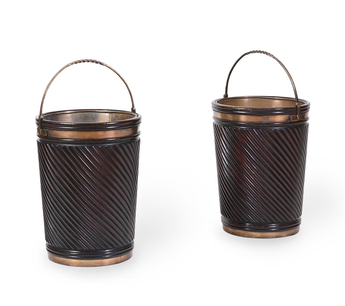 A PAIR OF MAHOGANY AND BRASS BOUND PEAT BUCKETS IN GEORGE III STYLE - Image 2 of 2