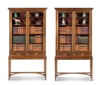 A PAIR OF MAHOGANY AND BRASS INLAID DISPLAY CABINETS, 20TH CENTURY