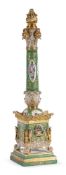 A PARIS PORCELAIN (JACOB PETIT) GREEN AND GILT COLUMNAR LAMP BASE AND FLAMMIFORM COVER THIRD QUARTE