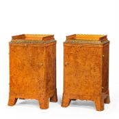 A PAIR OF BURR WALNUT BEDSIDE CUPBOARDS, FIRST HALF 20TH CENTURY