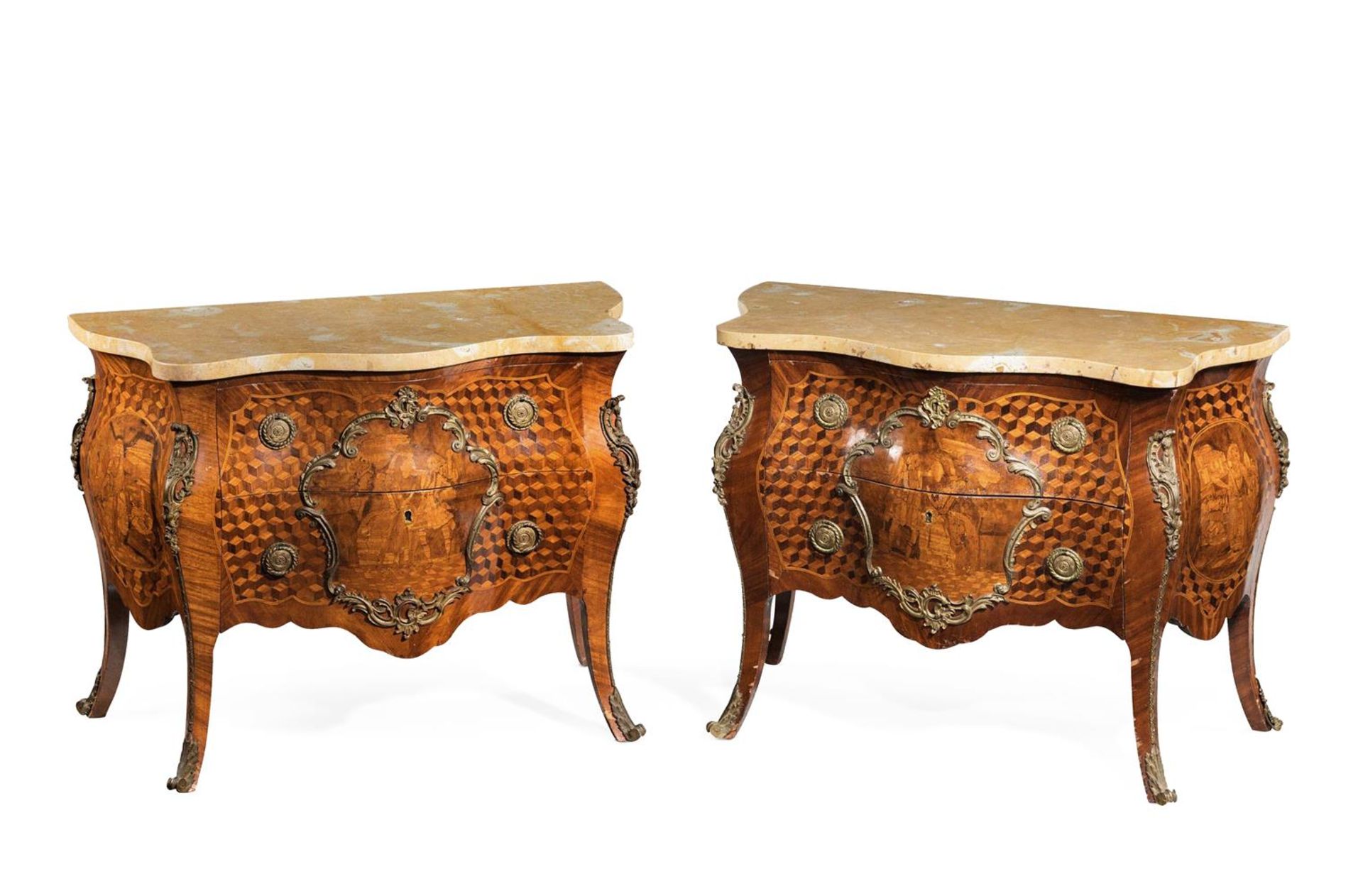 A PAIR OF GERMAN SMALL GILT METAL MOUNTED MARQUETRY AND PARQUETRY SERPENTINE COMMODES, 20TH CENTURY