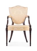 Y A CARVED MAHOGANY AND SILK DAMASK UPHOLSTERED ELBOW CHAIR, CIRCA 1900