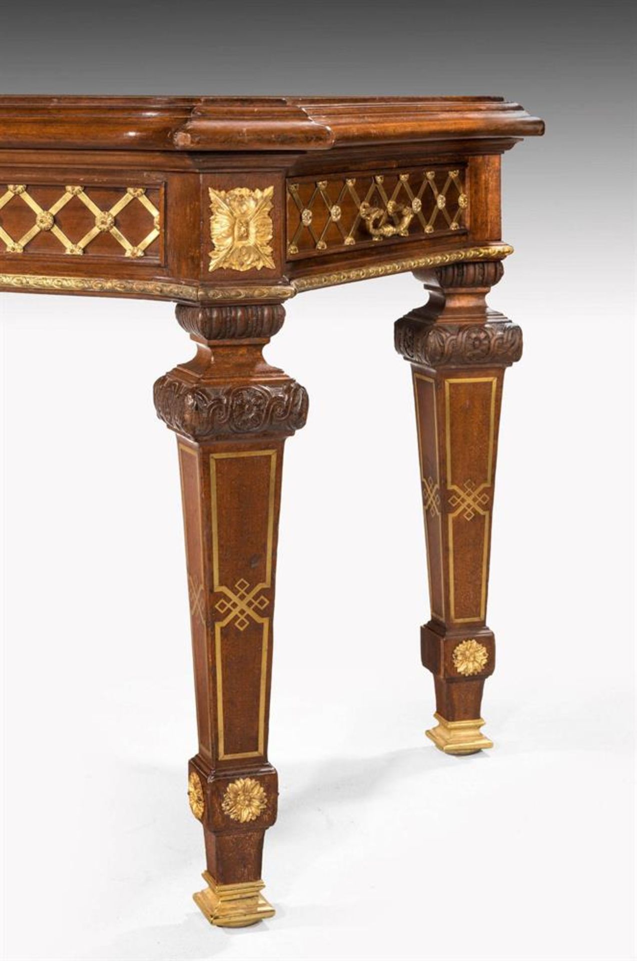 A PAIR OF MAHOGANY, BRASS INLAID AND GILT METAL MOUNTED LIBRARY TABLES, LATE 19TH/20TH CENTURY - Image 6 of 7