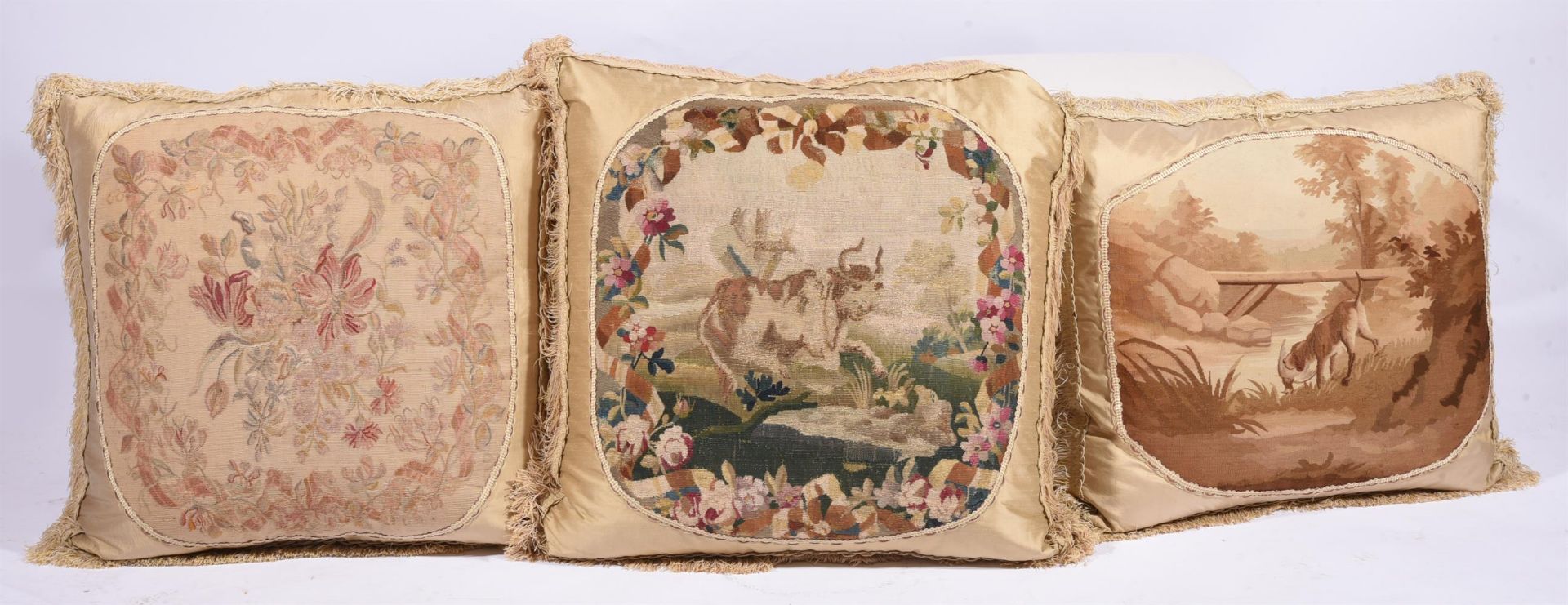 SIX LARGE CUSHIONS INCORPORATING 18TH CENTURY TAPESTRY AND LATER FABRIC - Image 3 of 4