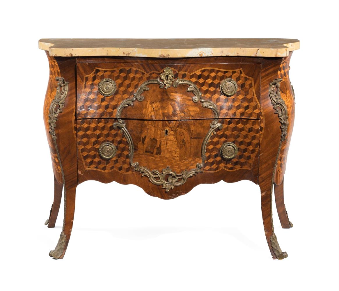 A PAIR OF GERMAN SMALL GILT METAL MOUNTED MARQUETRY AND PARQUETRY SERPENTINE COMMODES, 20TH CENTURY - Image 2 of 4
