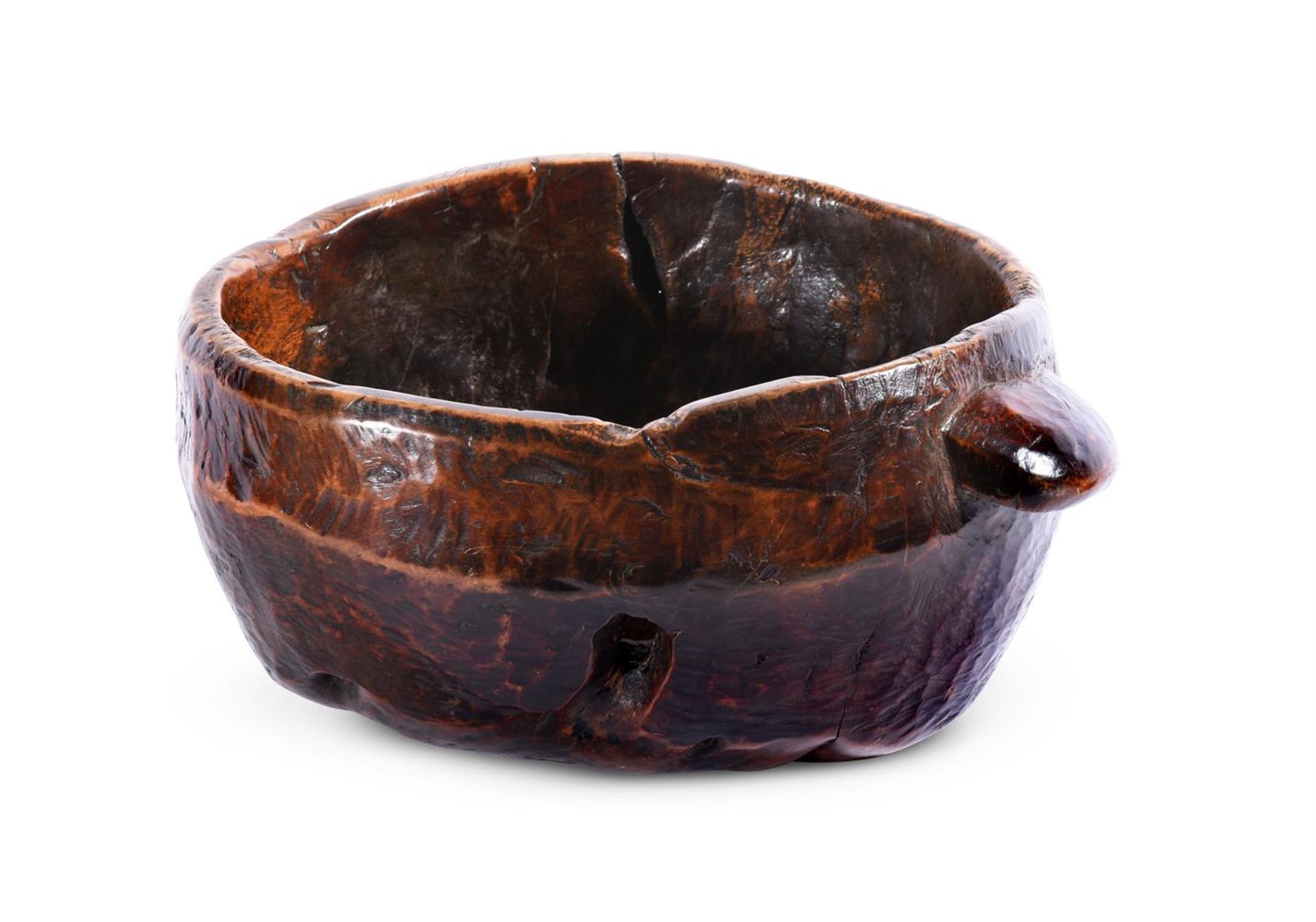 A CARVED WOOD, TWO HANDLED BOWL 17TH/ 18TH CENTURY