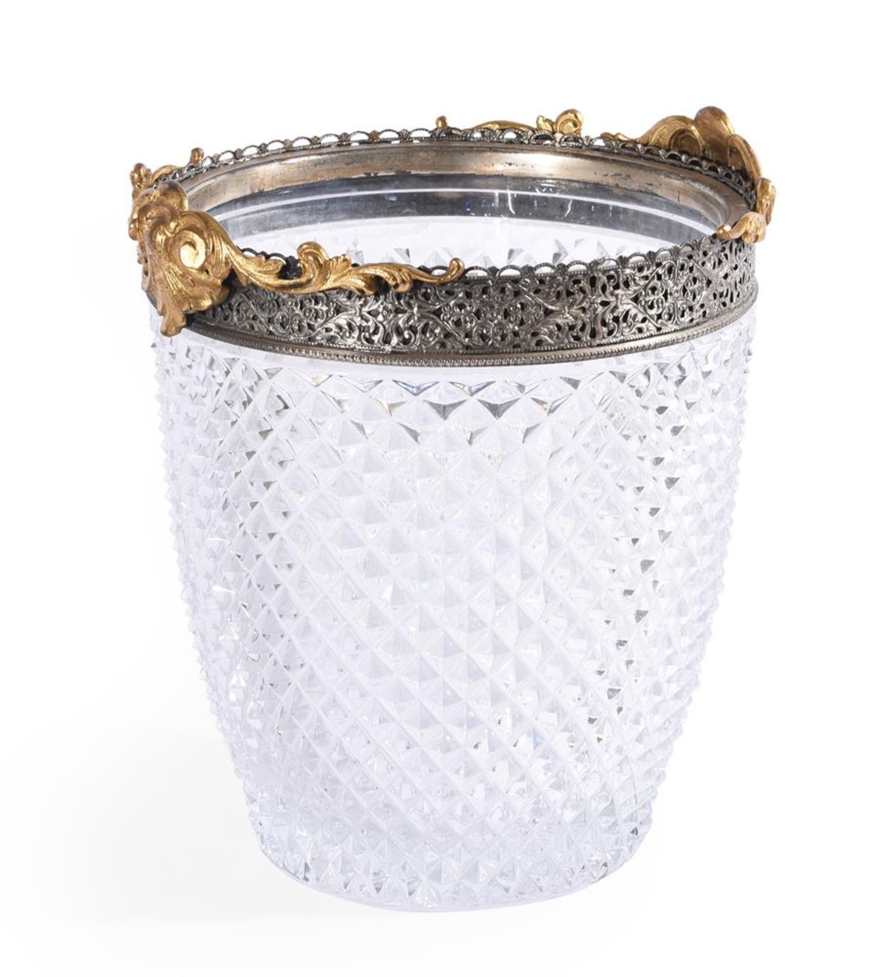 A MODERN CONTINENTAL CUT GLASS AND GILT METAL MOUNTED CHAMPAGNE BUCKET