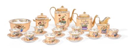 A FRENCH PORCELAIN CAFÉ AU LAIT GROUND PART TEA SERVICE MID 19TH CENTURYDecorated with chinoiserie