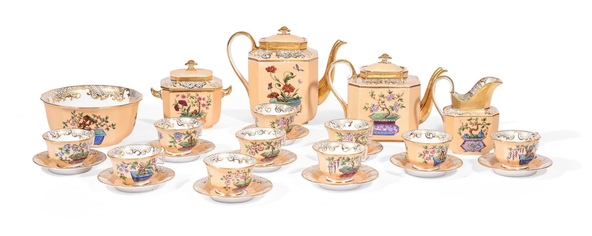 A FRENCH PORCELAIN CAFÉ AU LAIT GROUND PART TEA SERVICE MID 19TH CENTURYDecorated with chinoiserie