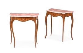 A PAIR OF HAREWOOD AND MARQUETRY SERPENTINE SIDE TABLES, IN GEORGE III STYLE