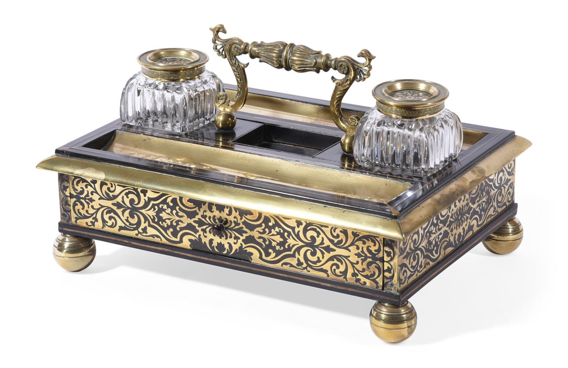 Y A FRENCH SECOND EMPIRE INK STAND IN THE BOULLE MANNER FITTED WITH TWO CUT GLASS INK WELLS