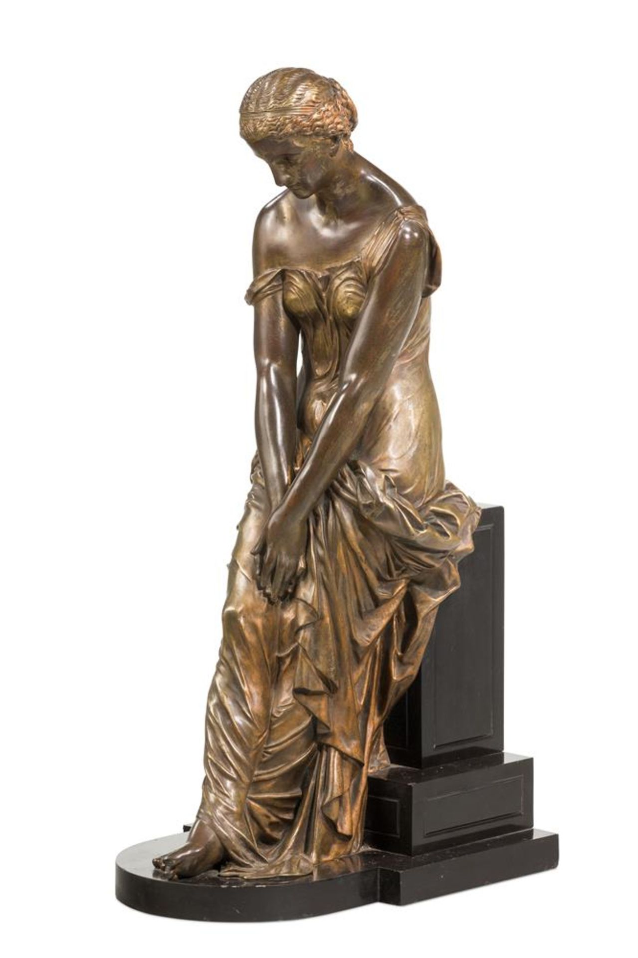 A PATINATED BRONZE AND BLACK SLATE FIGURE OF A MAIDEN, 19TH CENTURY