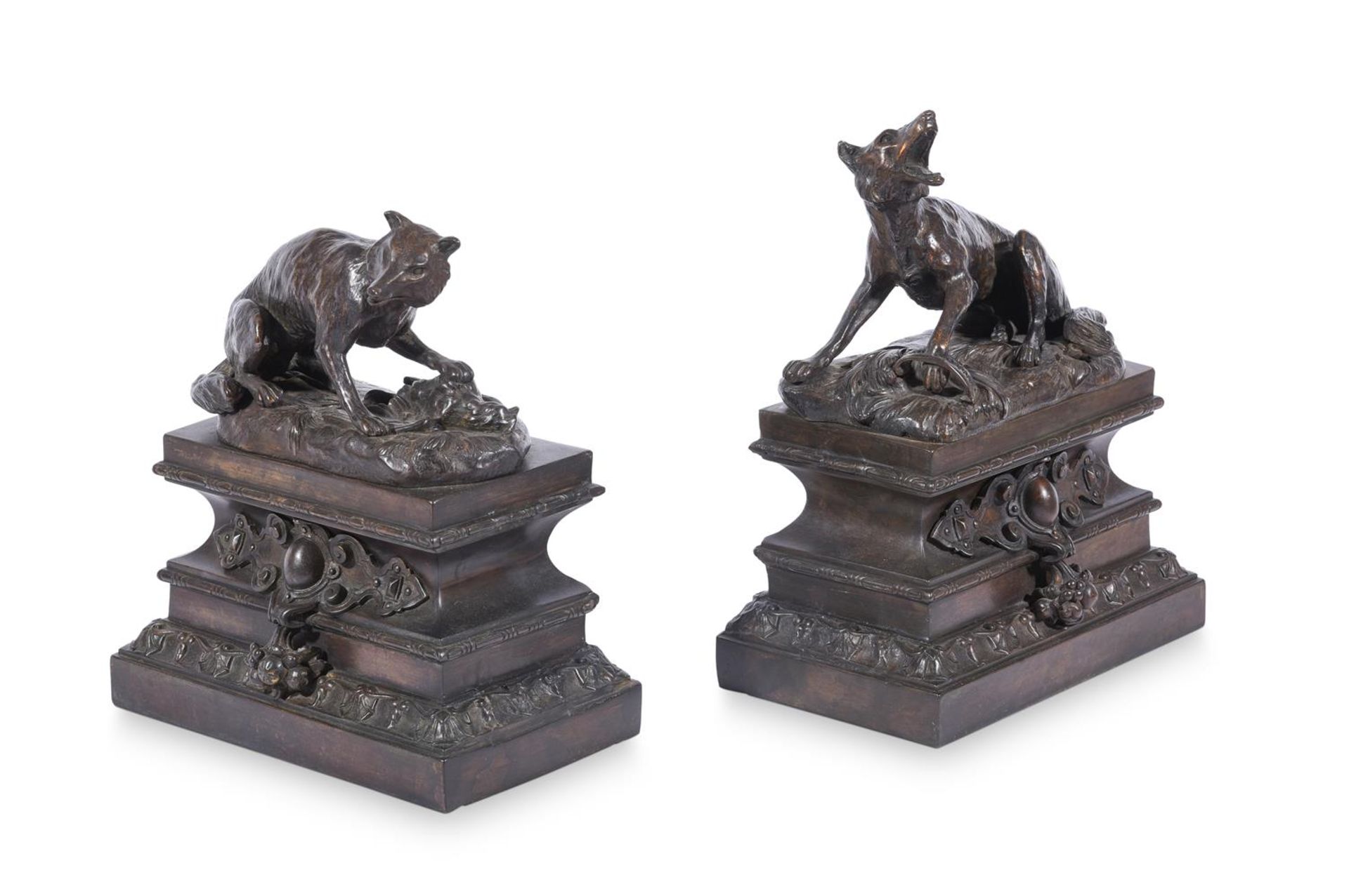 A PAIR OF BRONZE FIGURES OF WILD DOGSLATE 19TH CENTURY