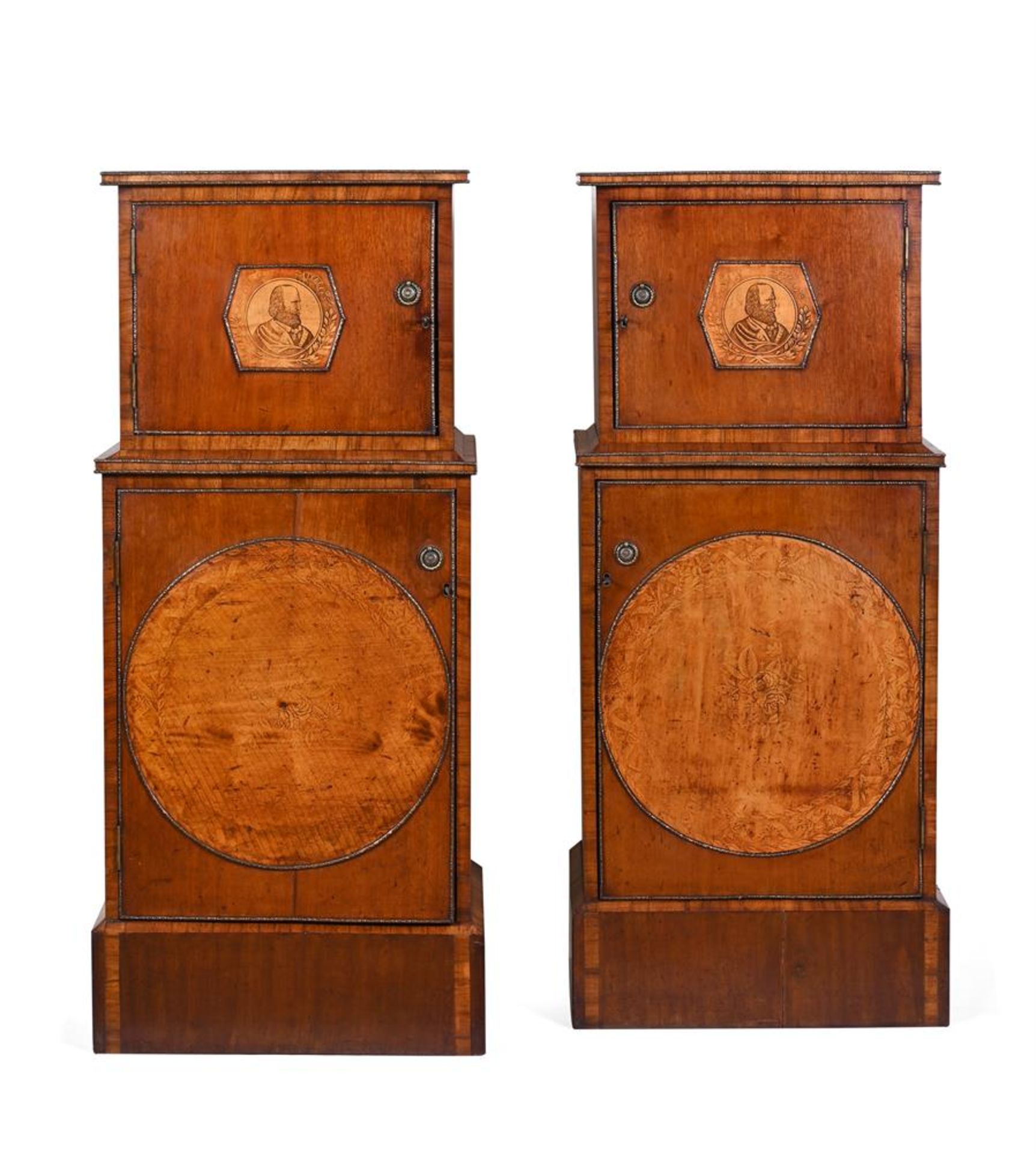 Y A PAIR ITALIAN MAHOGANY, TULIPWOOD, INLAID AND GILT METAL MOUNTED PEDESTAL CUPBAORDS, 19TH CENTURY