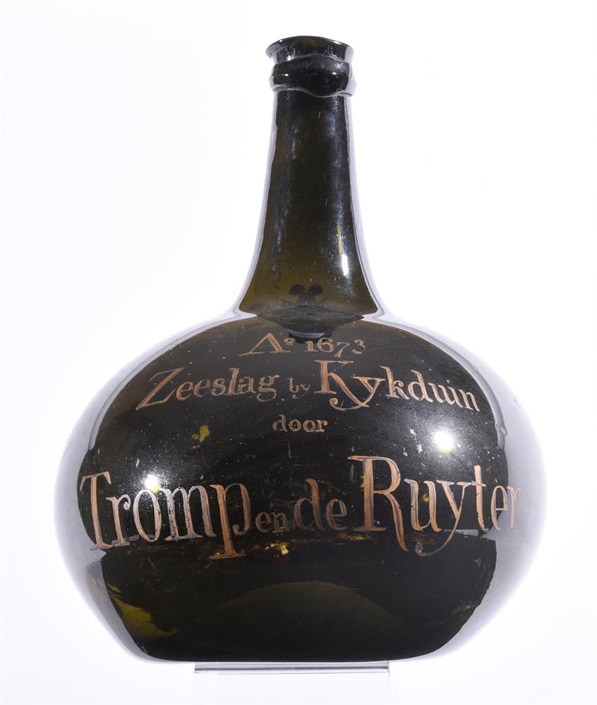 A DUTCH OLIVE-GREEN TINT ONION-SHAPE COMMEMORATIVE WINE BOTTLE PAINTED IN COLOURED ENAMELS WITH A NA - Image 2 of 2