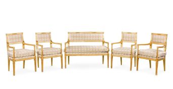A SUITE OF GILTWOOD SALON SEAT FURNITURE COMPRISING A CANAPE AND FOUR ARMCHAIRS