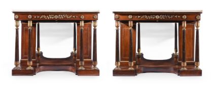 Y A PAIR OF GILT METAL MOUNTED SIMULATED ROSEWOOD AND PAINTED PIER TABLES, 19TH CENTURY